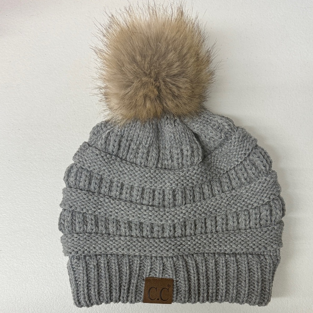C.C Kids Gray Knit Beanie with Brown Pom
